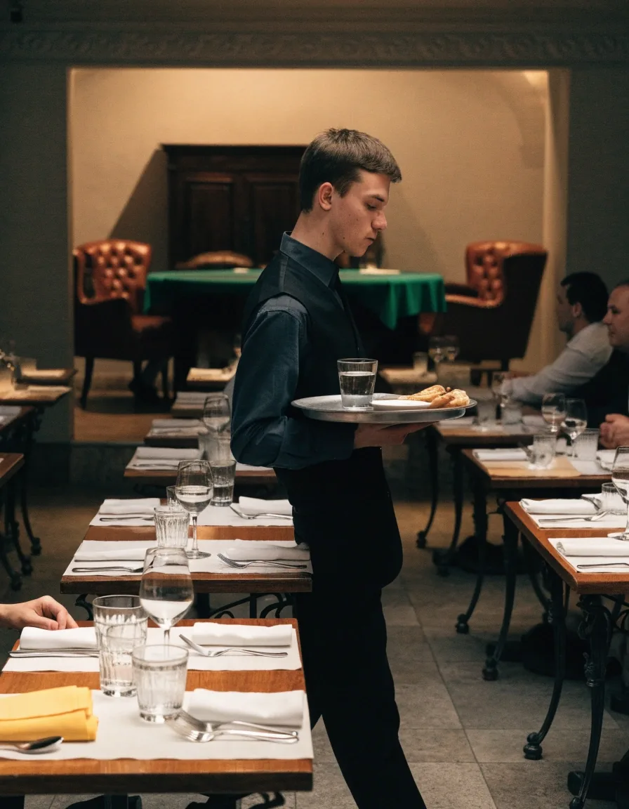 Kelner podający przekąski i wodę do stolika w prywatnej loży przy sali do gry